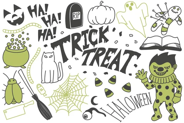 Set Scarabocchi Halloween Disegni Dolcetto Scherzetto Disegnati Mano Illustrazione Stampa — Vettoriale Stock