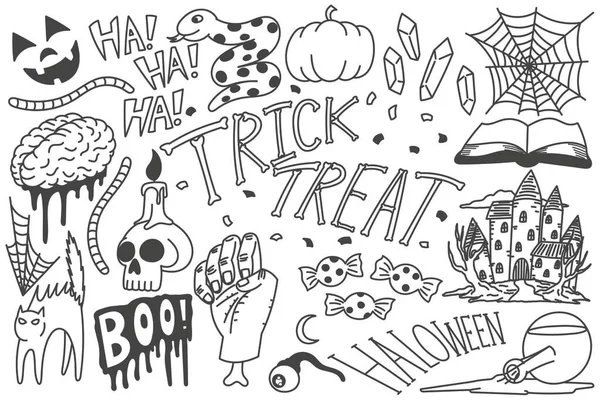 Conjunto Garabatos Halloween Dibujos Truco Trato Dibujado Mano Ilustración Impresión — Archivo Imágenes Vectoriales