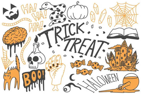 Set Von Halloween Kritzeleien Trick Oder Behandlung Zeichnungen Handgezeichnet Illustration — Stockvektor