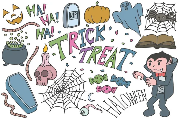 Zestaw Halloween Bazgroły Trick Lub Leczeniu Rysunki Ręcznie Rysowane Ilustracja — Wektor stockowy