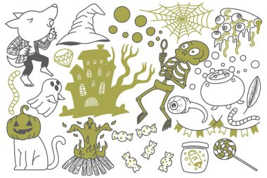 Cadılar Bayramı karalama elementleri, çizim, çizgi film, sevimli, eğlenceli, baskı, sanat