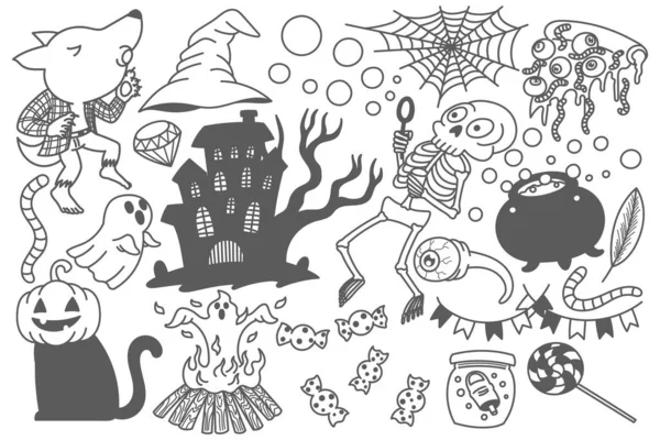 Set Elementi Scarabocchi Halloween Disegno Cartone Animato Carino Divertente Stampa — Vettoriale Stock