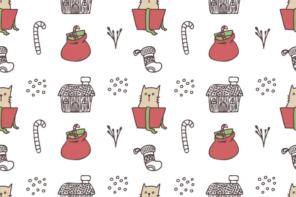 Set Niedlicher Katzenzeichnungen Für Weihnachten — Stockvektor
