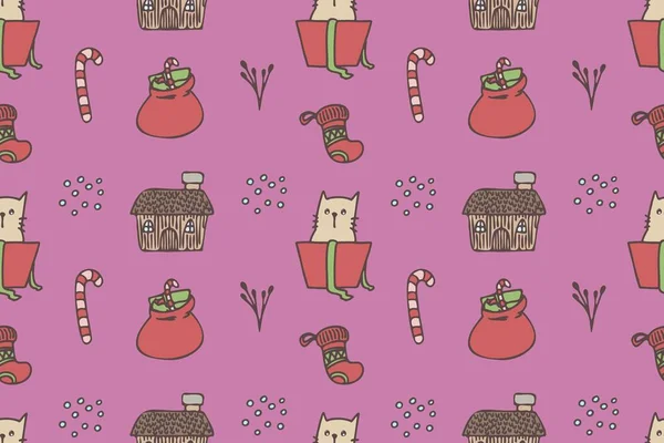 Set of cute cat drawings for Christmas repeat pattern