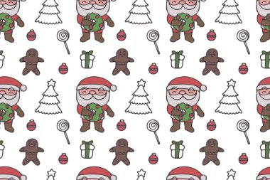 Sevimli Noel Baba, kusursuz desenli sanat, beyaz arka plan..