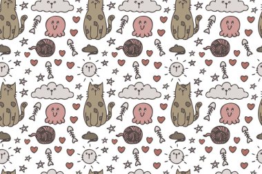 El çizimi şirin kedi kusursuz desenli sanat.