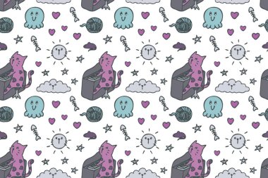 El çizimi şirin kedi kusursuz desenli sanat.