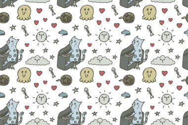 El çizimi şirin kedi kusursuz desenli sanat.