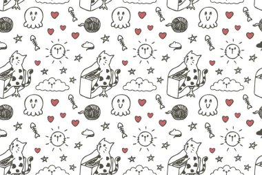 El çizimi şirin kedi kusursuz desenli sanat.