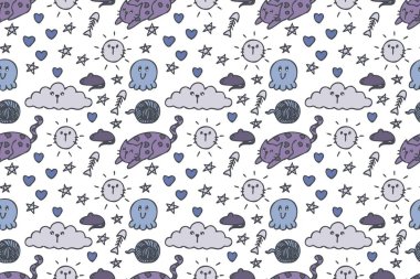 El çizimi şirin kedi kusursuz desenli sanat.