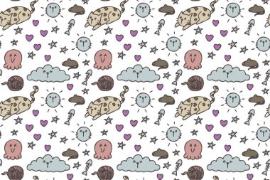 El çizimi şirin kedi kusursuz desenli sanat.