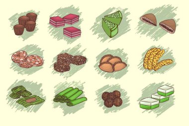 Malezya 'da popüler atıştırmalıklar koleksiyonu. Apam balik, kuih lapis, kuih bakar, keria, kaswi, karipap, goreng pisang, lepat pisang, kuih ketayap, kuih bom, kuih talam pandan.