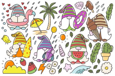 Bir grup sevimli cüce yaz, el çizimi, çizgi, karalama, baskı, sanat.