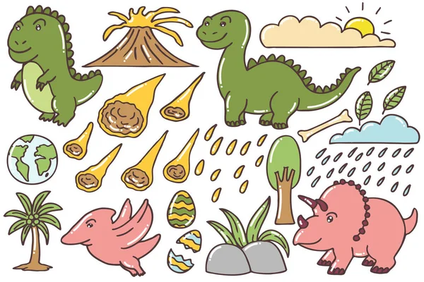 Set Carini Scarabocchi Dinosauro Cartone Animato Divertimento Disegnato Mano Stampa — Vettoriale Stock