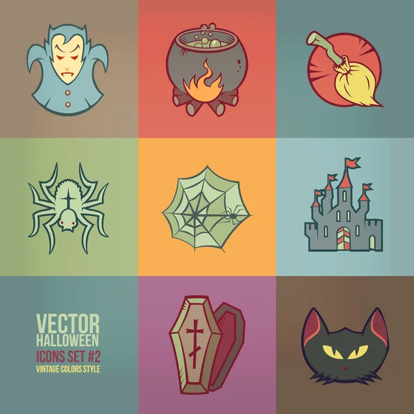 Set de iconos vectoriales de Halloween. Estilo Vintage Colores — Archivo Imágenes Vectoriales