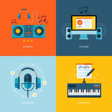 müzik endüstrisi için düz tasarım konsepti simgeler kümesi.