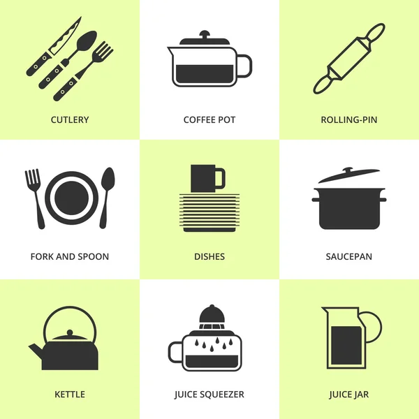 Set of black cutlery and dishes icons. — Stock Vector