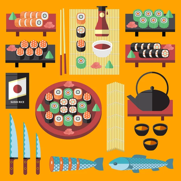 Conjunto de sushi vetorial e ícones de comida japonesa . — Vetor de Stock