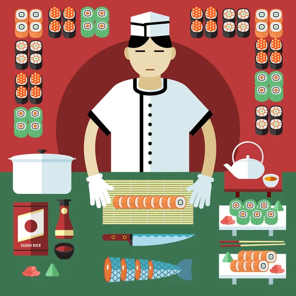 Векторная иллюстрация суши-мастера и японских продуктов питания . — стоковый вектор