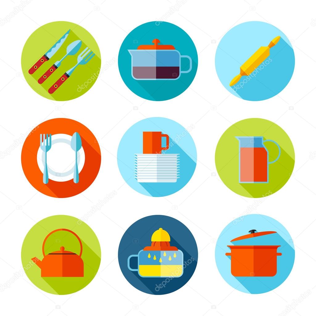 Set of flat cutlery and dishes icons.