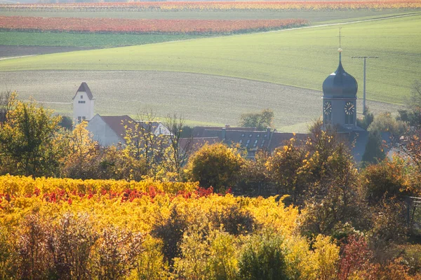 Iglesia Casas Entre Viñedos Con Hojas Coloridas Día Soleado Otoño —  Fotos de Stock