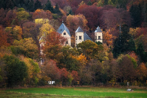 Top Towers Maria Laach Abbey Colorful Trees Hillside Fall Evening — стоковое фото
