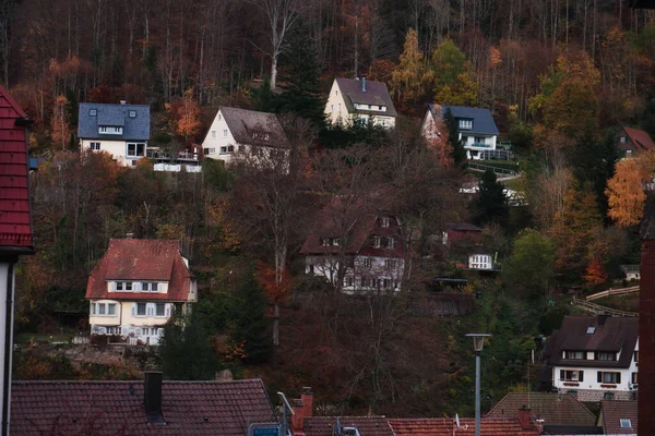 Weiße Häuser Auf Einem Hügel Mit Bunten Bäumen Einem Herbsttag — Stockfoto