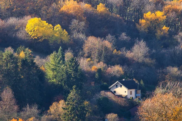 Casa Branca Pequena Uma Colina Com Árvores Coloridas Belo Dia — Fotografia de Stock