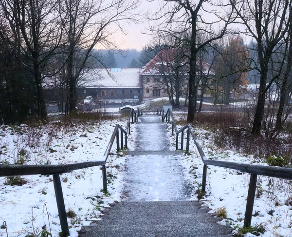 Almanya 'da bir sonbahar günü Kreuzberg manastırında kar ve buzla kaplı merdivenler dağdan aşağı iniyor..