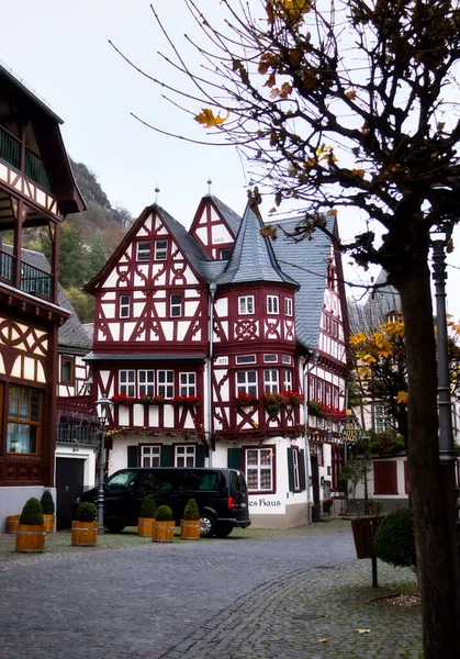 Cobblestone Road Bacharach Leading Altes Haus Old House Medieval Half — Foto Stock