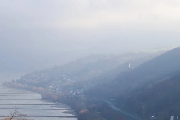 Foggy Hills Furstenberg Castle Next Rhine River Fall Day Germany — Stock Photo, Image