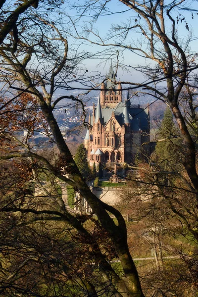 ドイツ コニグスウィンター2020年11月28日ドイツ コニグスウィンターの町を見下ろすドラッヘンフェルスの丘の木を通ってドラッヘンブルク城 — ストック写真