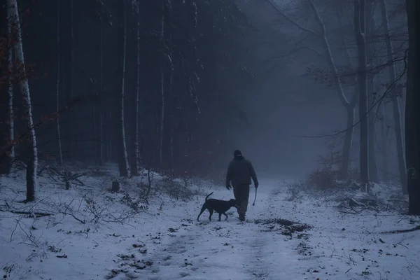 Man His Dog Walking Snow Covered Path Dark Woods Fog — Stock Photo, Image