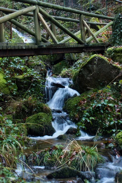 Wooden Bridge Water Running Hill Gaisholl Waterfalls Fall Day Black — 图库照片