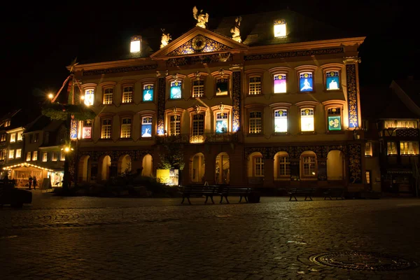 Gengenbach, Germany - December 13, 2020: Every year during Advent, the town hall in Gengenbach is turned into an Advent Calencar. Each night at 6pm a shade is pulled up on one window showing the artwork.