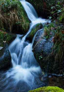 Water falling over rocks into small pool in a creek at Gaisholl Waterfall in the Black Forest on a fall day in Germany.