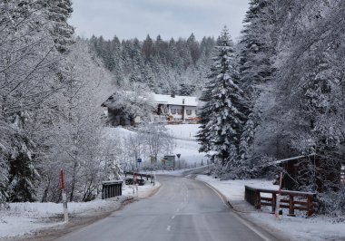 Inzell, Germany - November 30, 2019: Snow covered trees around a road leading to a white building on a cold fall day in the Bavarian Alps of Germany.