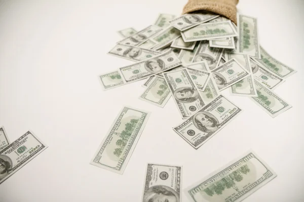 Dinero en la bolsa sobre un fondo blanco — Foto de Stock