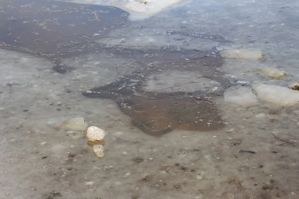 Ice blocks laying on ice surface, selective focus