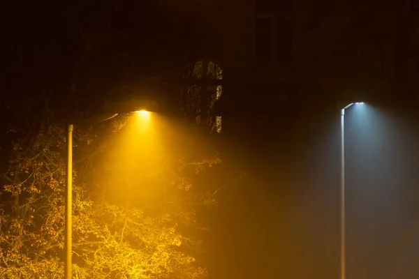 Помаранчеві Білі Вуличні Ліхтарі Туманну Ніч — стокове фото