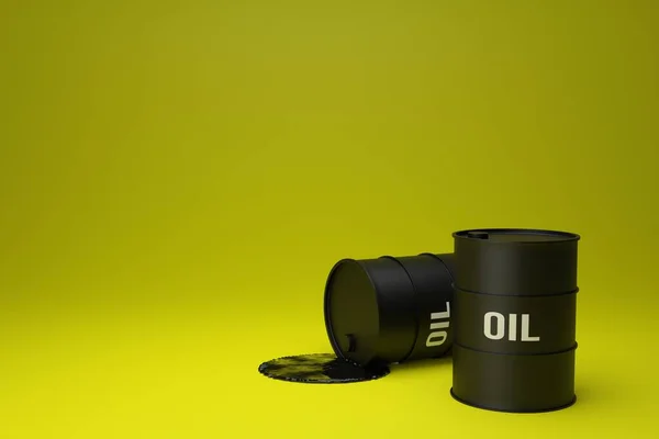 Två Svarta Fat Petroleum Gul Bakgrund Liten Pöl Råolja Spilldes — Stockfoto