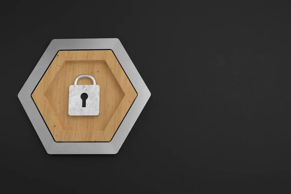 metal security door lock icon in wooden frame. internet privacy protection concept. 3d render illustration style