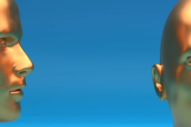 two golden heads on blue background. mouth of one towards ear of another. gossip, secret, news concept. 3d render illustration