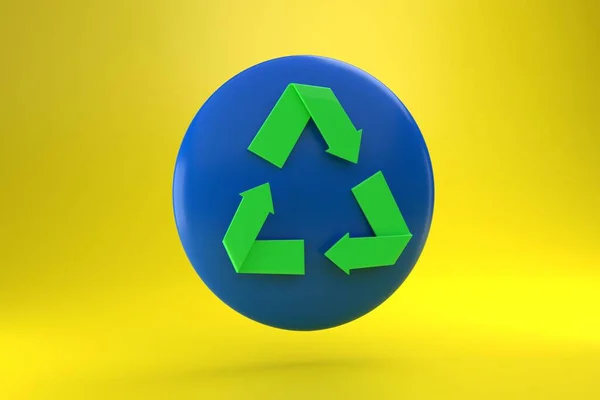 green recycling sign on round blue dialog box with yellow background. 3d render illustration