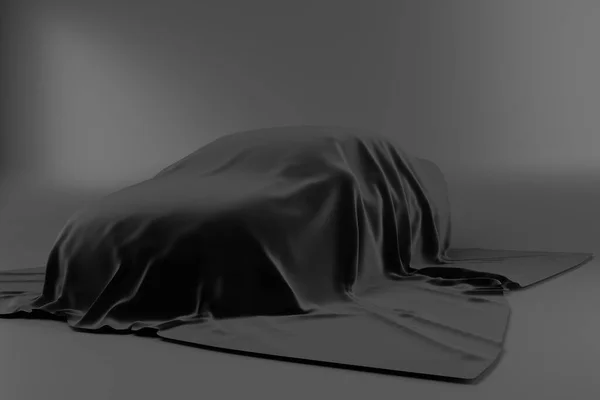 Машина Спрятана Черным Шелковым Покрытием Низком Освещении Презентация Прототип Выставочной — стоковое фото