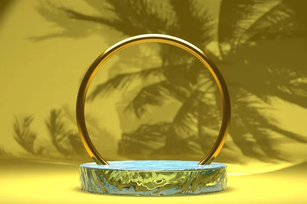 Water Stand Golden Ring Cosmetic Product Exhibition Palm Shadow Background — Fotografia de Stock
