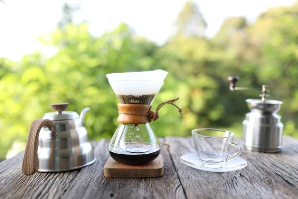 Tazza Caffè Vetro Caffettiera Con Pentola Goccia Acciaio Inox Macinacaffè — Foto Stock