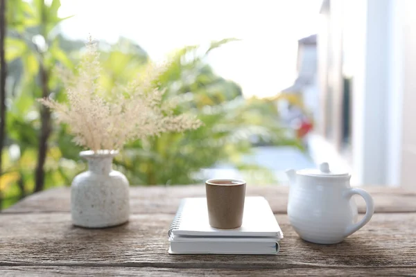 Tea Cup Ceramic Teapot Notebook Wooden Table — Fotografia de Stock