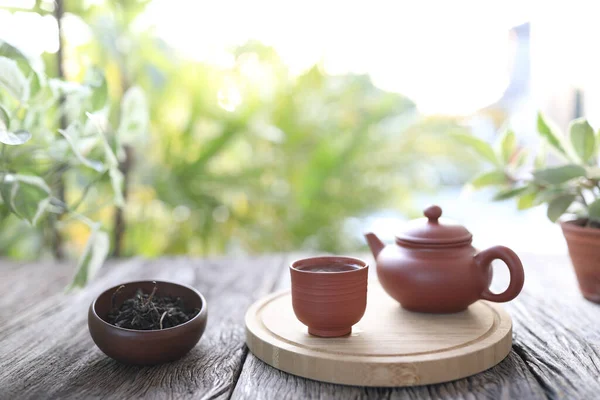 Чашка Чая Чайник Деревянном Подносе — стоковое фото