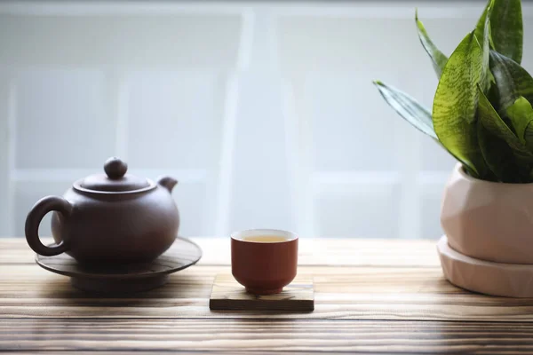 Çaydanlık Çay Fincanı Kahverengi Ahşap Masada Yılan Bitkisi — Stok fotoğraf